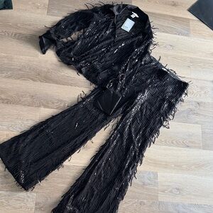 NWT H&M Black Fringe Sequin Blouse Pant Set